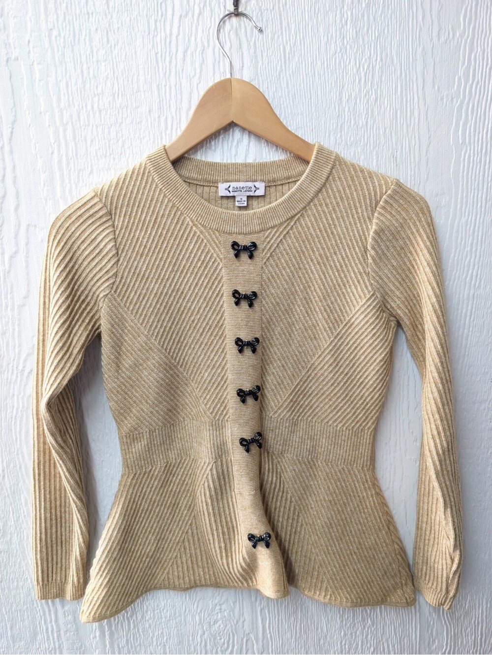 Nanette Lepore Beige Ribbed Bow Cardigan Sweater Peplum Coquette Balletcore S